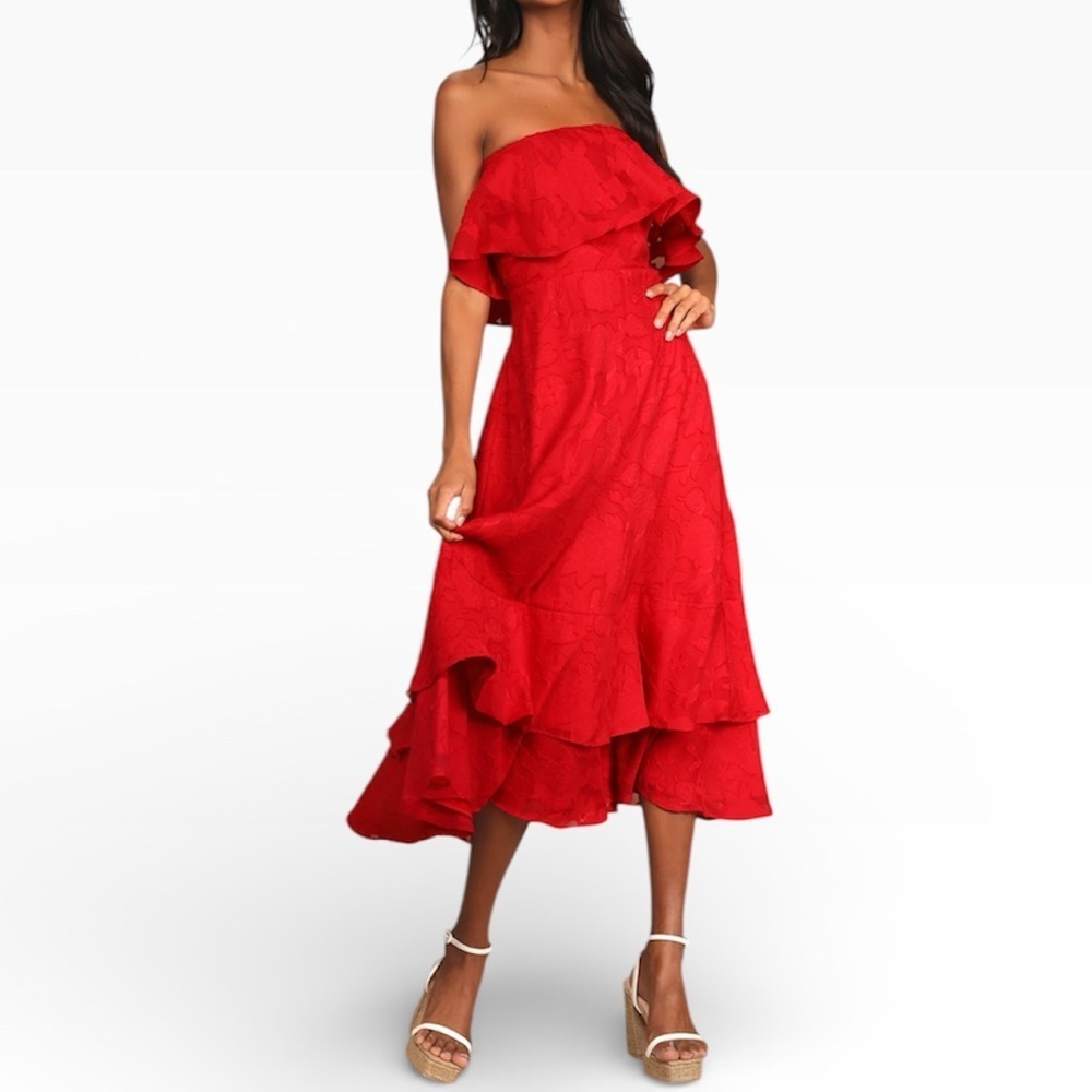 Lulus Love You So Truly Red Burnout Floral Strapless Midi Dress